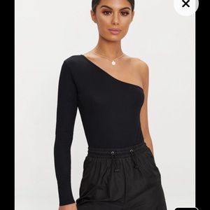 Black Stretch Crepe One Shoulder Thong Bodysuit